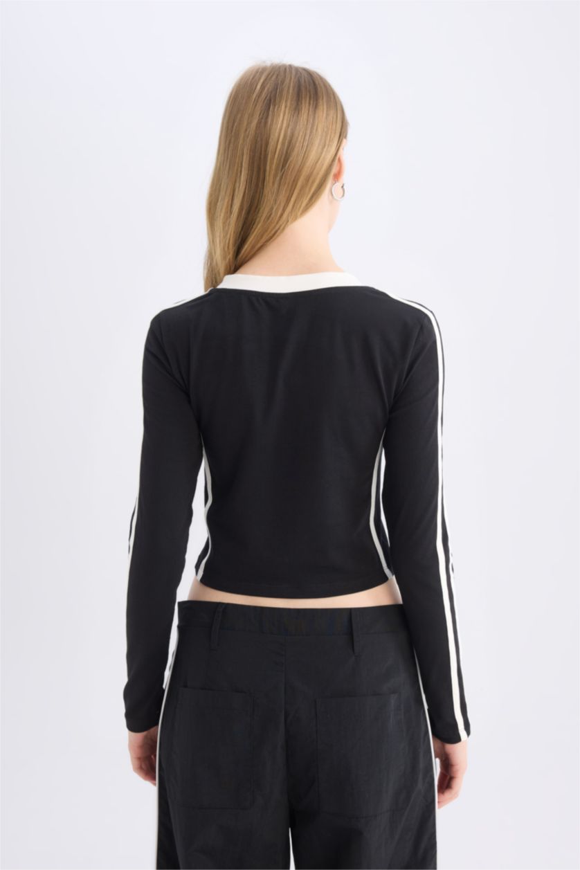 Kadın Siyah Fitted Baskılı Uzun Kollu Tişört