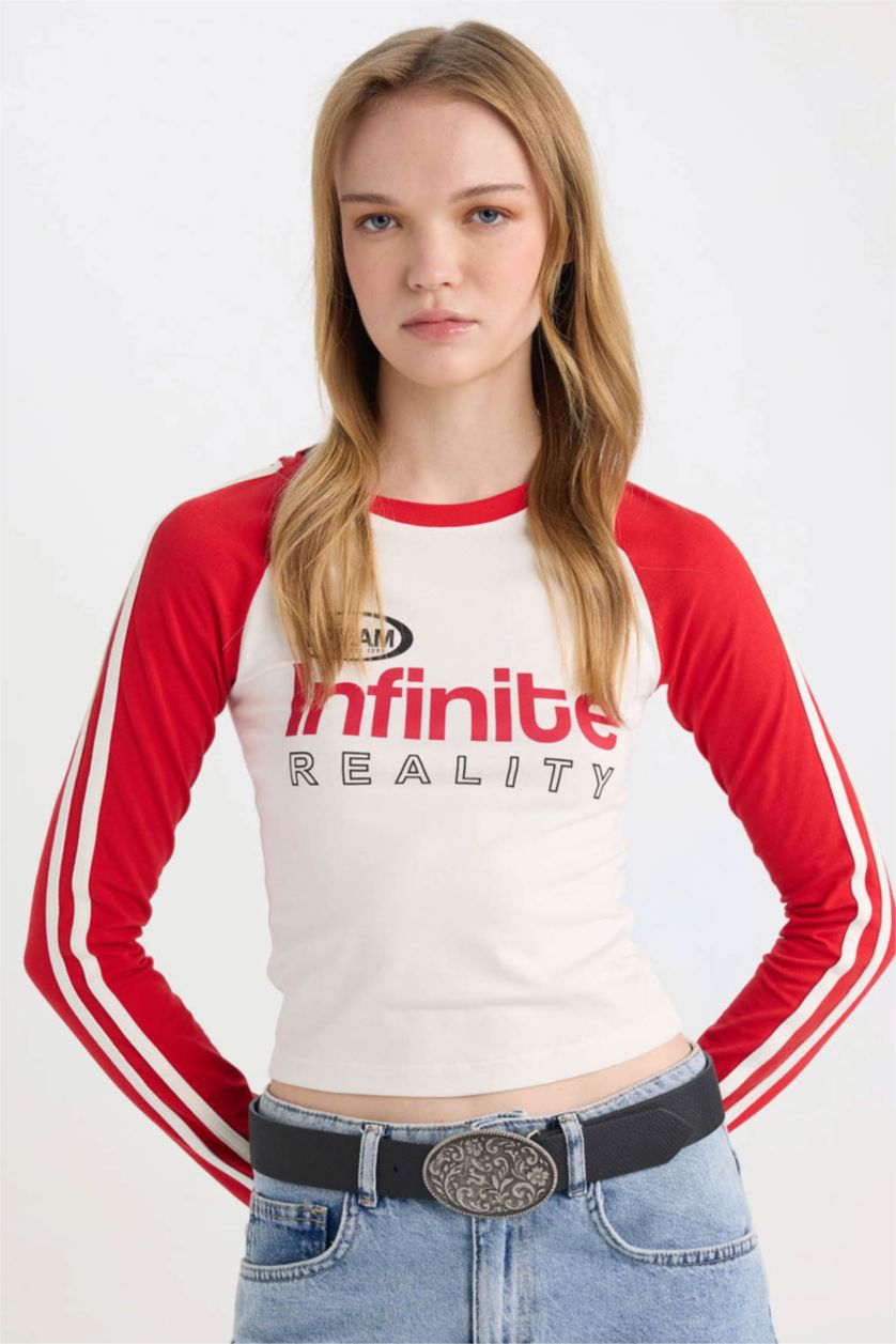 نساء أحمر تي شيرت ردن طويل سليم فيت بياخة مستديرة