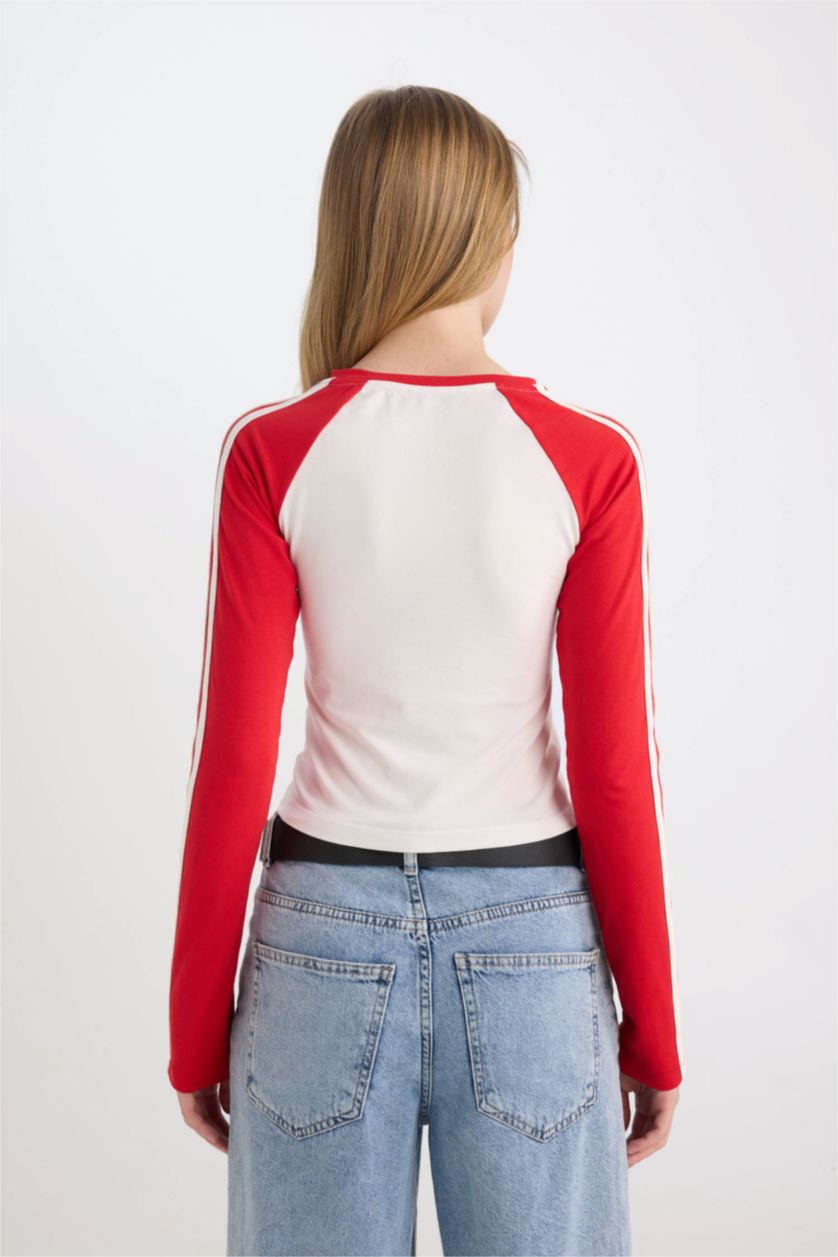 نساء أحمر تي شيرت ردن طويل سليم فيت بياخة مستديرة