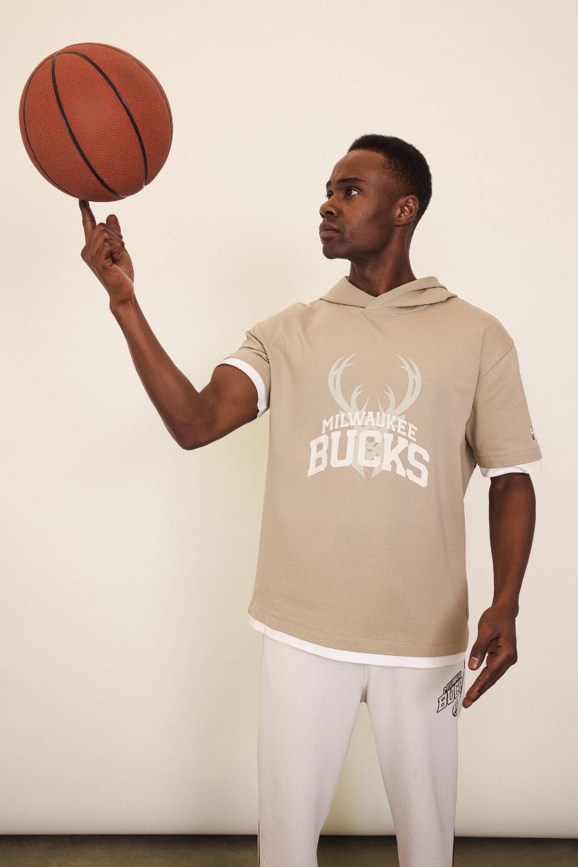 Erkek Bej NBA Milwaukee Bucks Oversize Geniş Kalıp Kapüşonlu Sırt Baskılı Kısa Kollu Tişört