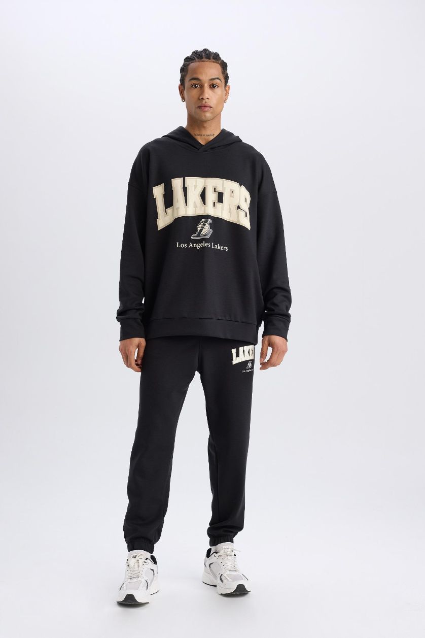 Erkek Siyah NBA Los Angeles Lakers Oversıze Kapüşonlu Skuba Dalgıç Kumaş Sweatshirt
