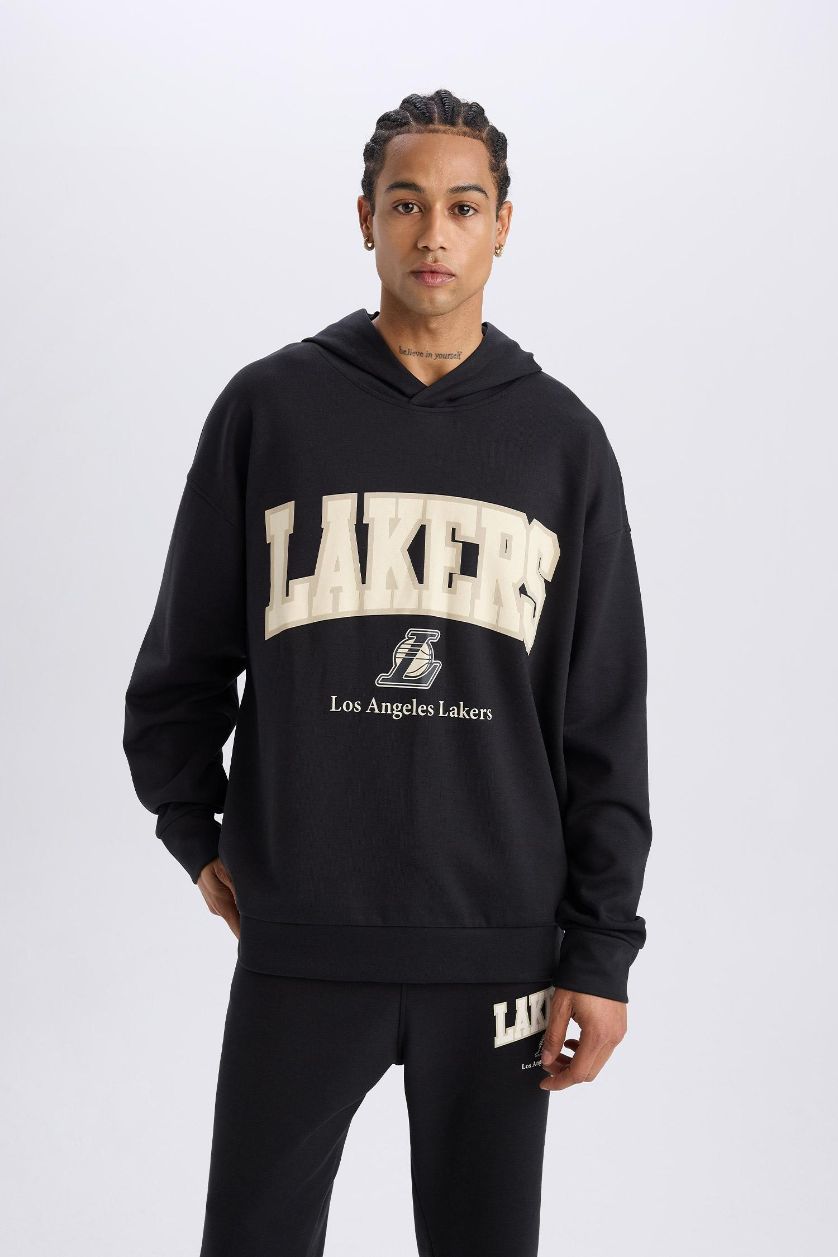 Erkek Siyah NBA Los Angeles Lakers Oversıze Kapüşonlu Skuba Dalgıç Kumaş Sweatshirt