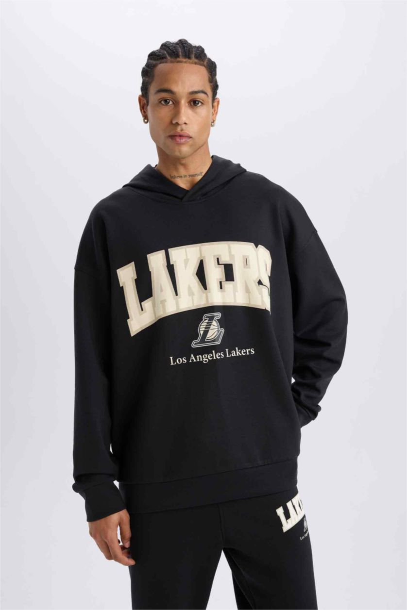 Erkek Siyah NBA Los Angeles Lakers Oversıze Kapüşonlu Skuba Dalgıç Kumaş Sweatshirt