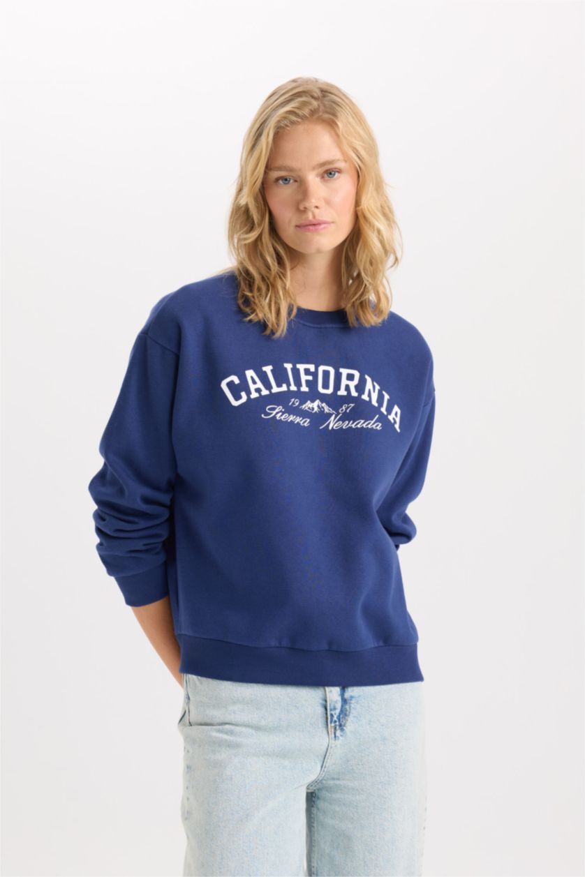 WOMAN NAVY Back to School Relax Fit Printed Thick Casual Sweatshirt