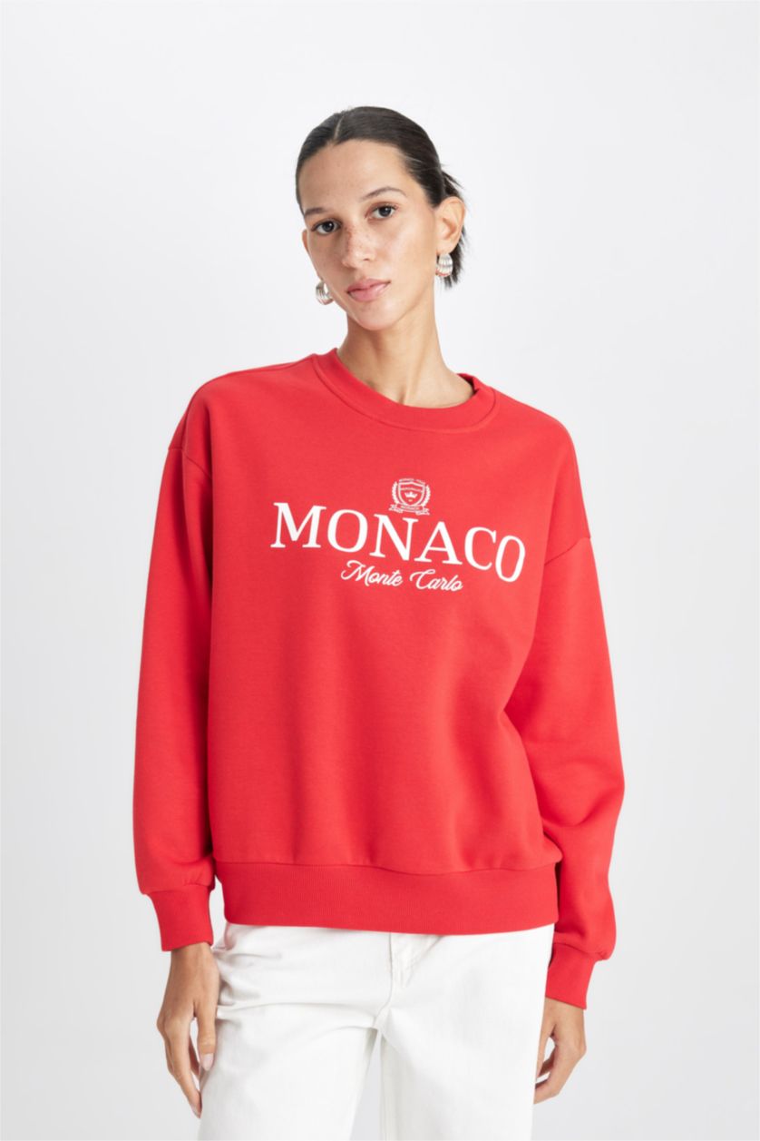 نساء أحمر سويت شيرت كاجوال احمر قصة مريحة برقبة مستديرة