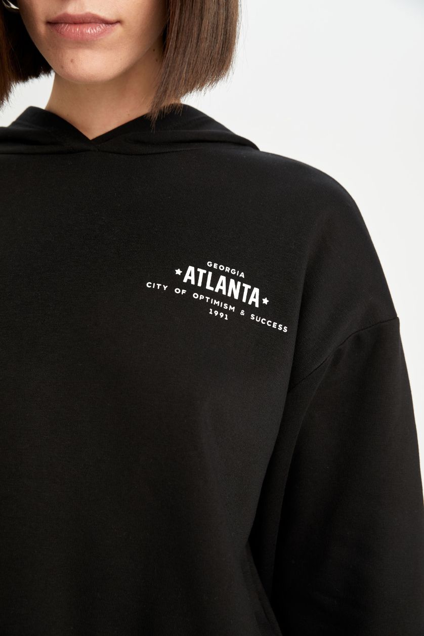 WOMAN Black Black Boxy Fit Hooded Thick Casual Sweatshirt