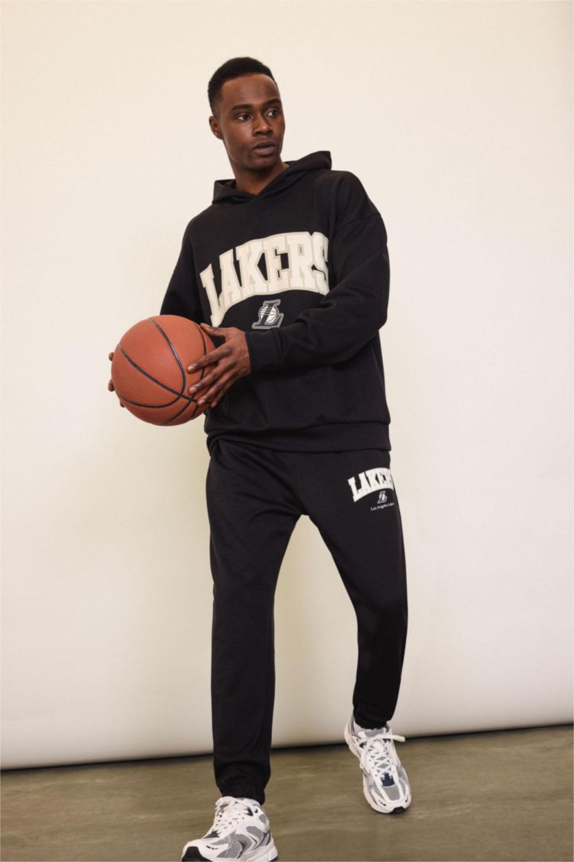 Erkek Siyah NBA Los Angeles Lakers Jogger Eşofman Altı Standart Fit Cepli Esnek Bantlı Paça Skuba Dalgıç Kumaş