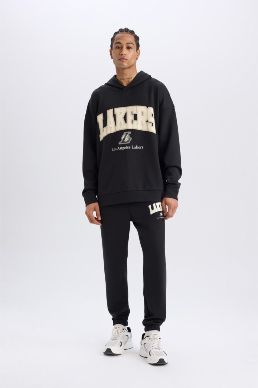 Erkek Siyah NBA Los Angeles Lakers Jogger Eşofman Altı Standart Fit Cepli Esnek Bantlı Paça Skuba Dalgıç Kumaş