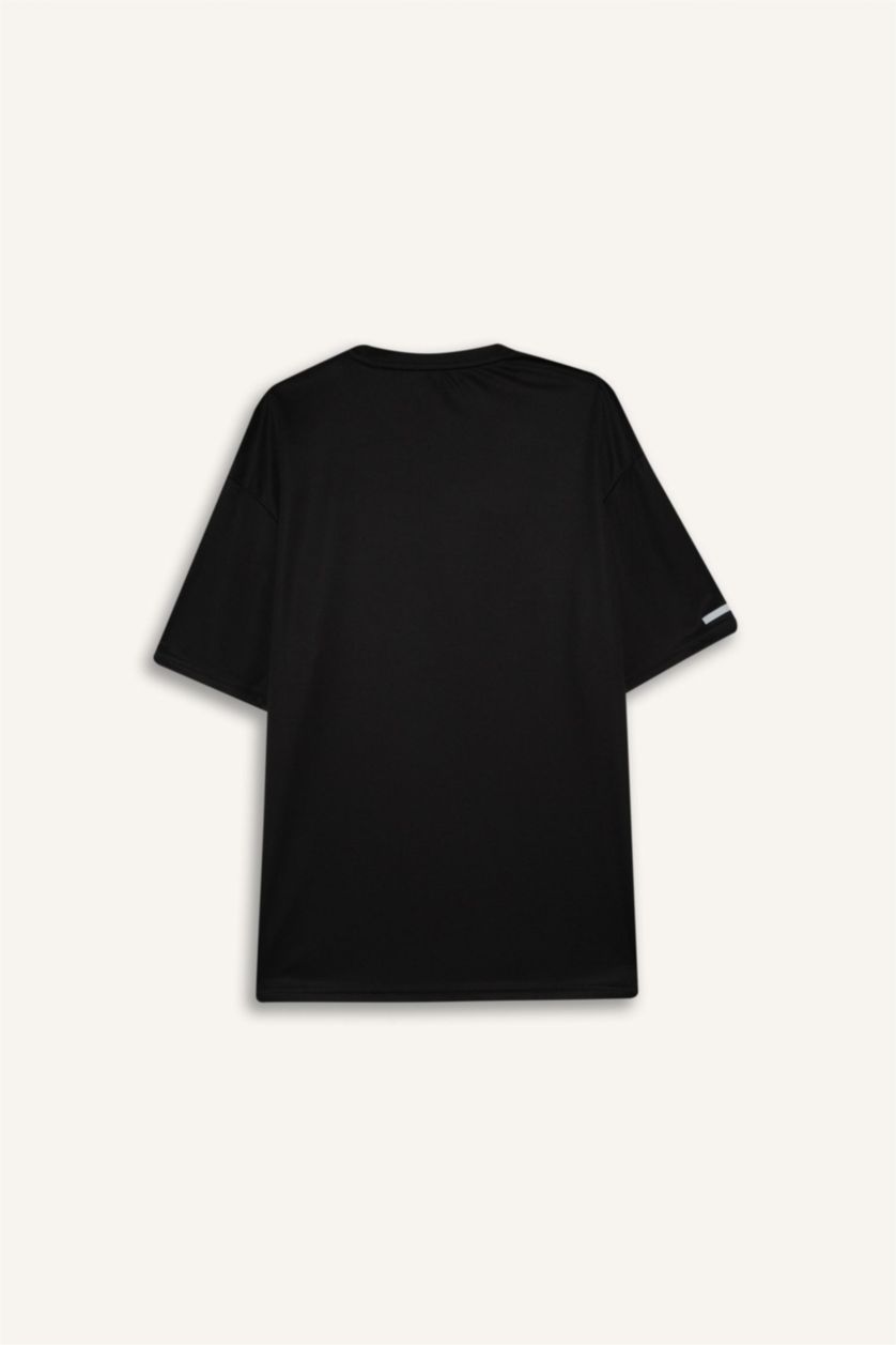 Erkek Siyah Hızlı Kuruyan Boxy Fit Bisiklet Yaka Baskılı Sporcu Kısa Kollu Tişört