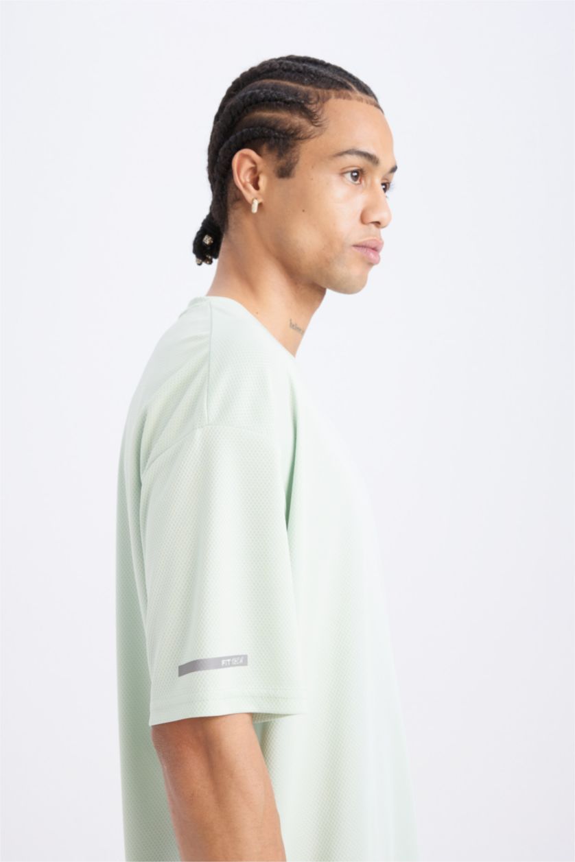 Erkek Mint Hızlı Kuruyan Boxy Fit Bisiklet Yaka Baskılı Sporcu Kısa Kollu Tişört