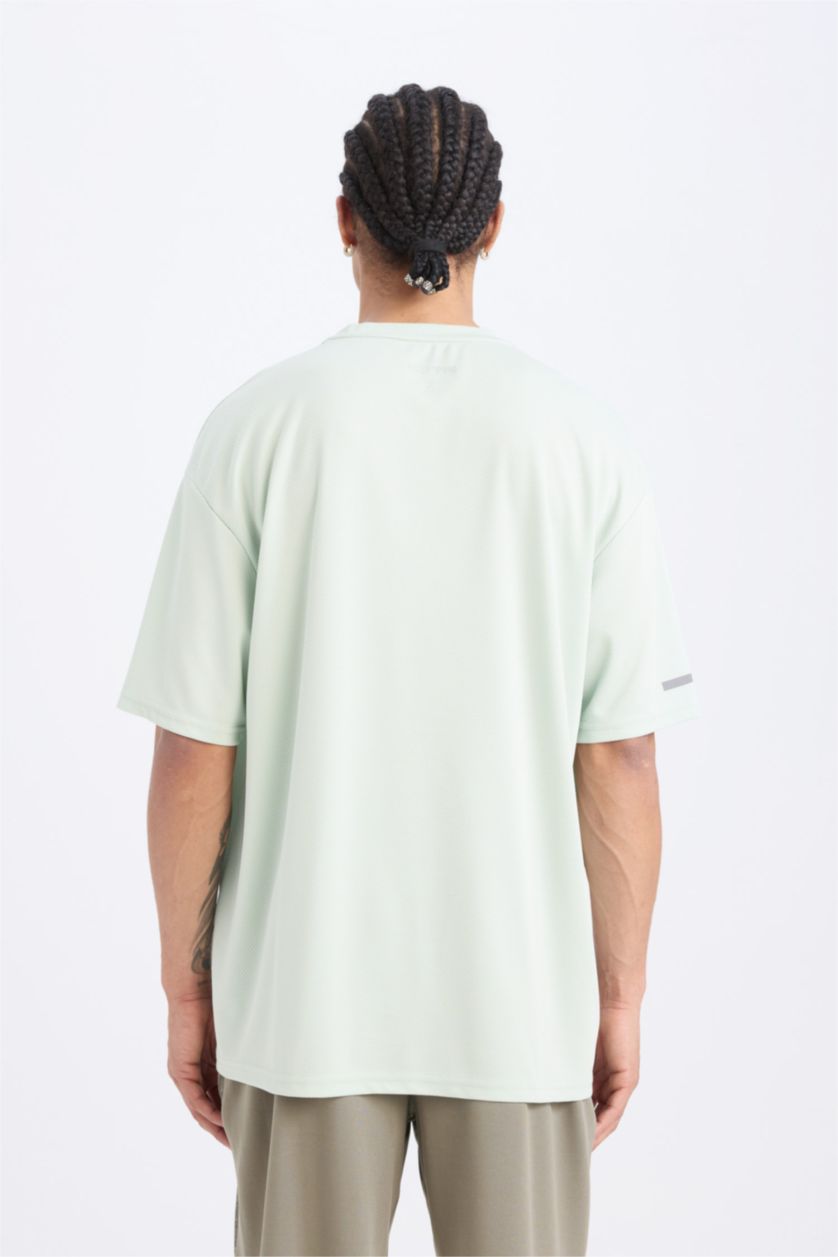 Erkek Mint Hızlı Kuruyan Boxy Fit Bisiklet Yaka Baskılı Sporcu Kısa Kollu Tişört