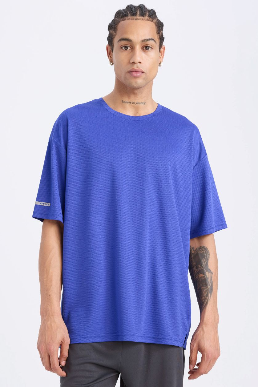 Erkek Koyu Menekşe Hızlı Kuruyan Boxy Fit Bisiklet Yaka Baskılı Sporcu Kısa Kollu Tişört