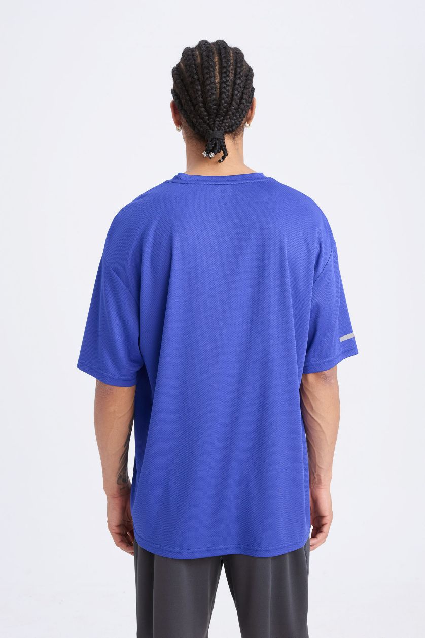 Erkek Koyu Menekşe Hızlı Kuruyan Boxy Fit Bisiklet Yaka Baskılı Sporcu Kısa Kollu Tişört