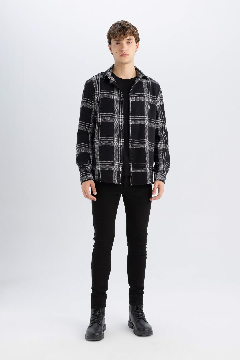 Erkek Antrasit %100 Pamuk Regular Fit Kareli Oduncu Flanel Uzun Kollu Gömlek