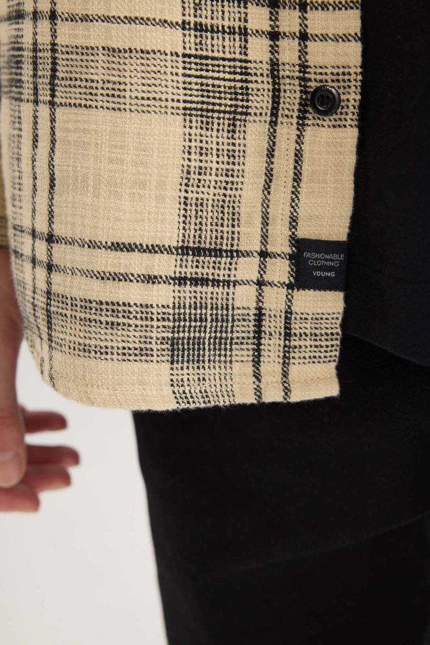 Erkek Taş %100 Pamuk Regular Fit Kareli Oduncu Flanel Uzun Kollu Gömlek