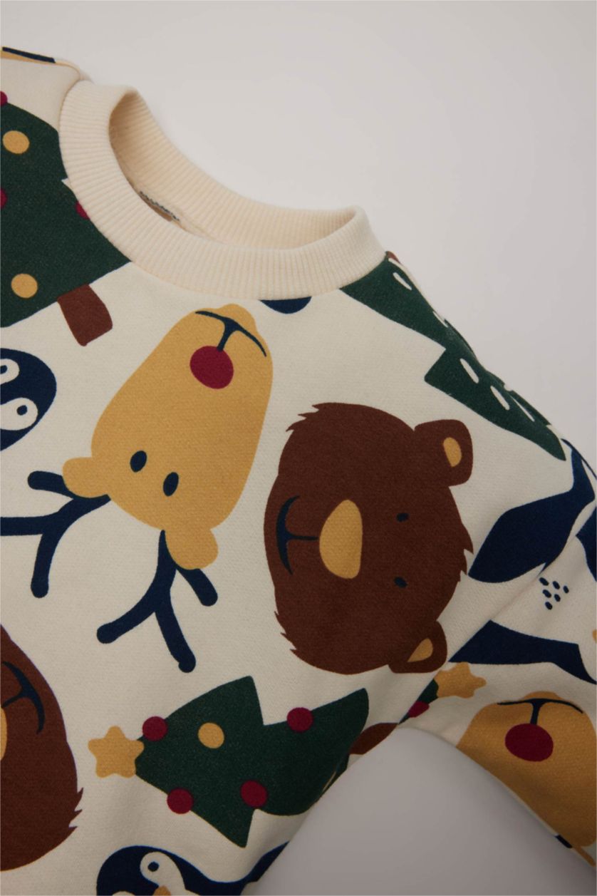 Erkek Bebek Ekru Bisiklet Yaka Yılbaşı Temalı Baskılı İçi Yumuşak Tüylü Sweatshirt Erkek Bebek