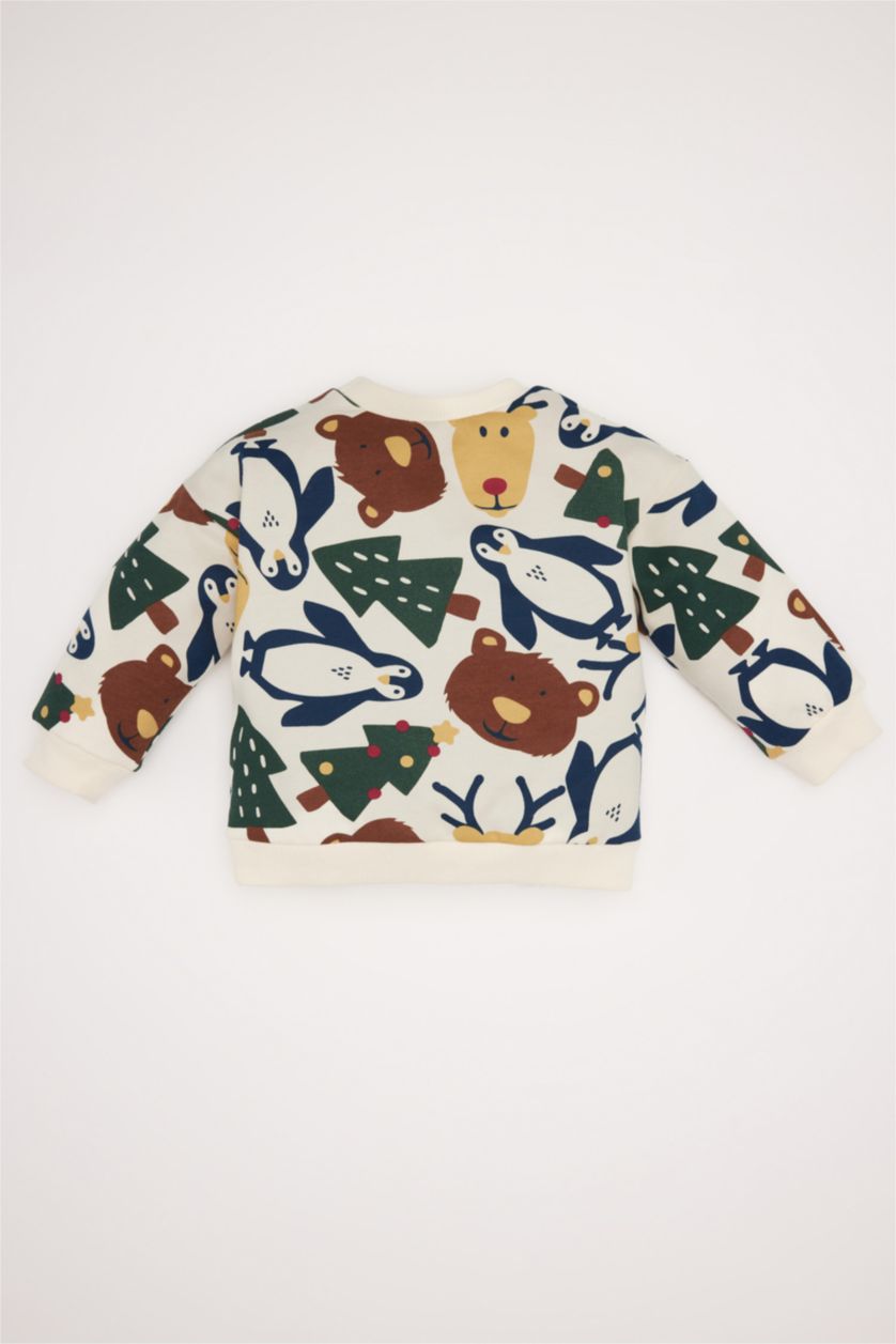 Erkek Bebek Ekru Bisiklet Yaka Yılbaşı Temalı Baskılı İçi Yumuşak Tüylü Sweatshirt Erkek Bebek