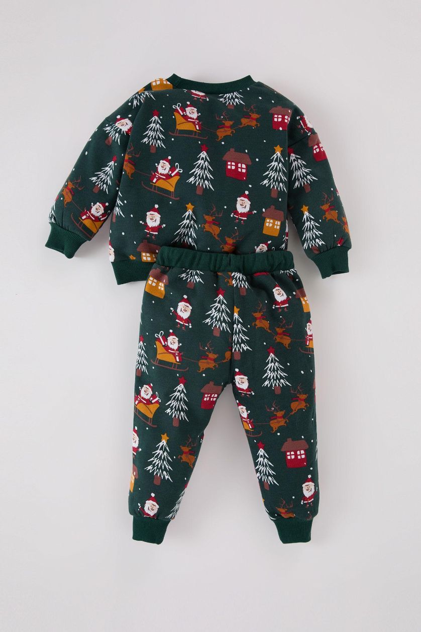 Erkek Bebek Koyu Yeşil Erkek Bebek 2'li Takım Yılbaşı Temalı Sweatshirt Beli Lastikli Eşofman Altı