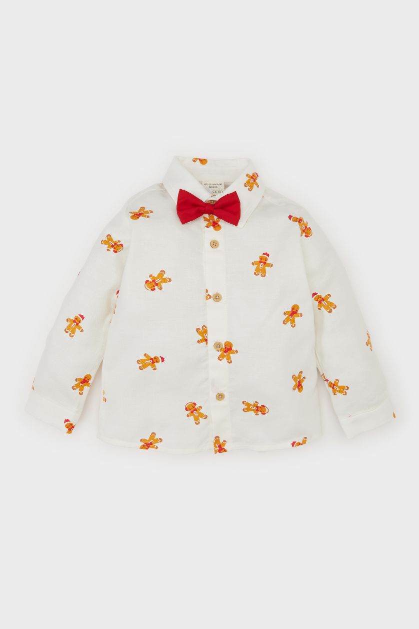 Erkek Bebek Ekru Yılbaşı Temalı Twill Uzun Kollu Gömlek Erkek Bebek