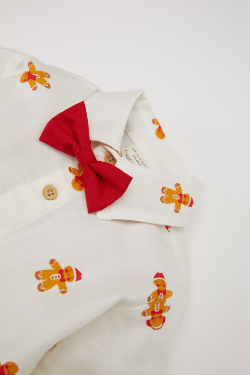 Erkek Bebek Ekru Yılbaşı Temalı Twill Uzun Kollu Gömlek Erkek Bebek