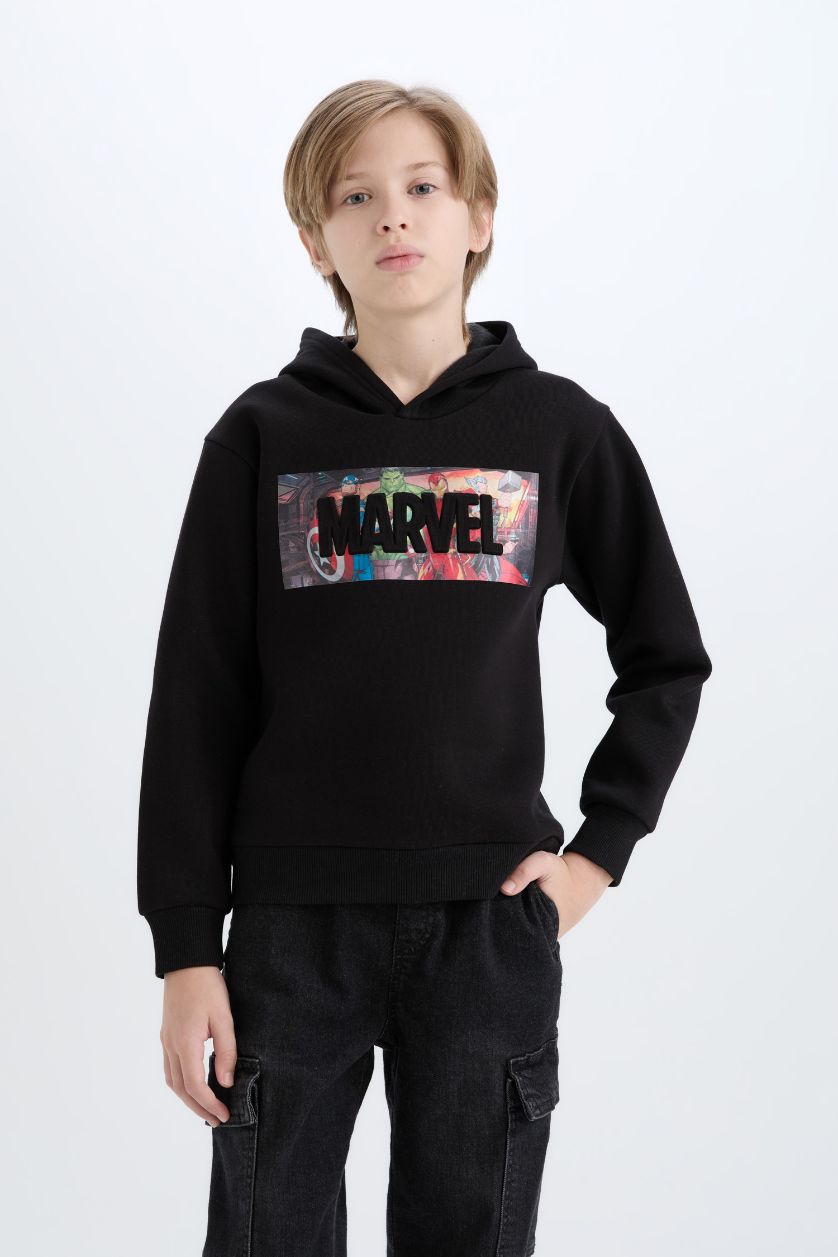Erkek Çocuk - Genç Erkek Siyah Marvel Avengers Kapüşonlu Sweatshirt Erkek Çocuk
