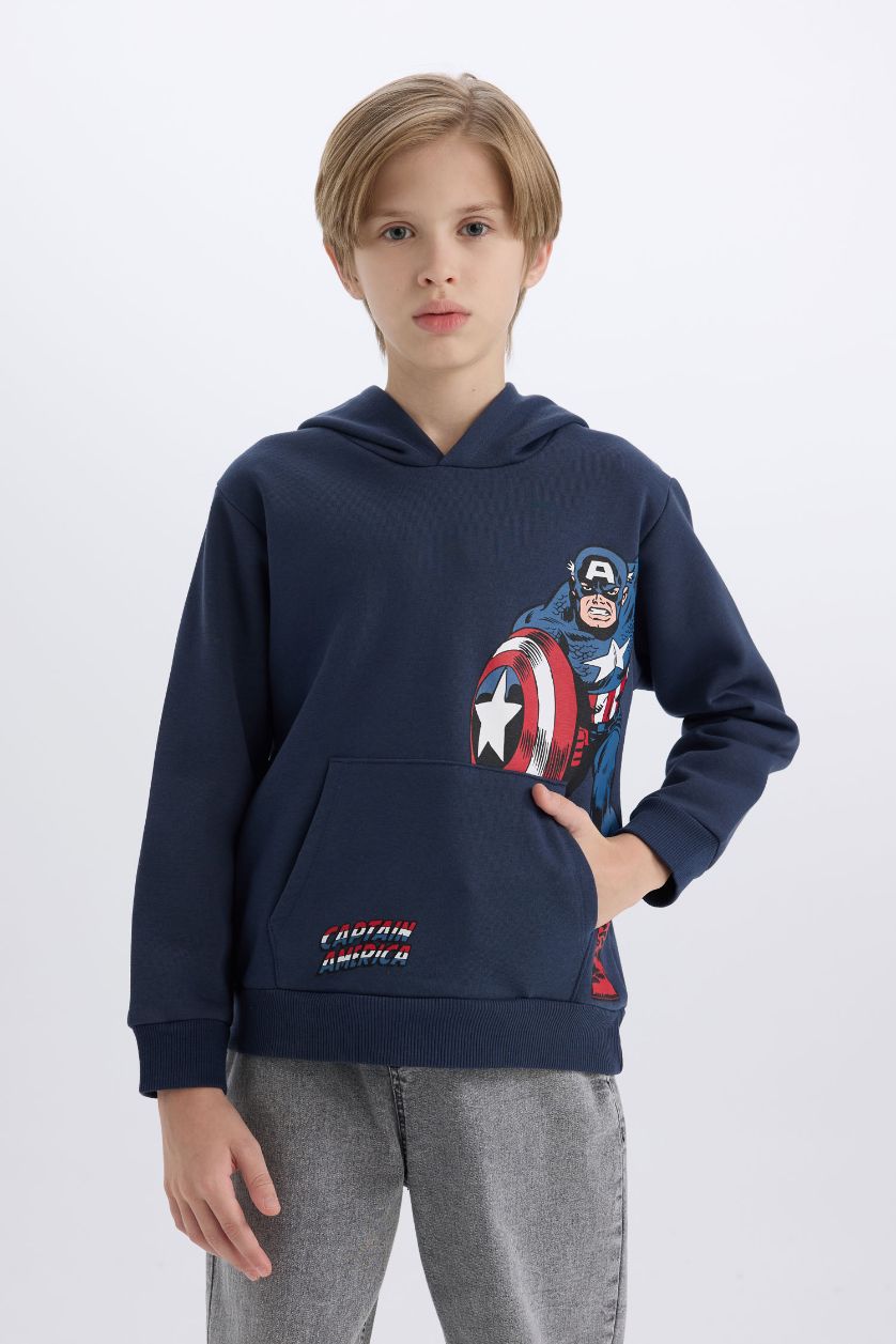 Erkek Çocuk - Genç Erkek Lacivert Marvel Kapüşonlu Kanguru Cepli Sweatshirt Erkek Çocuk