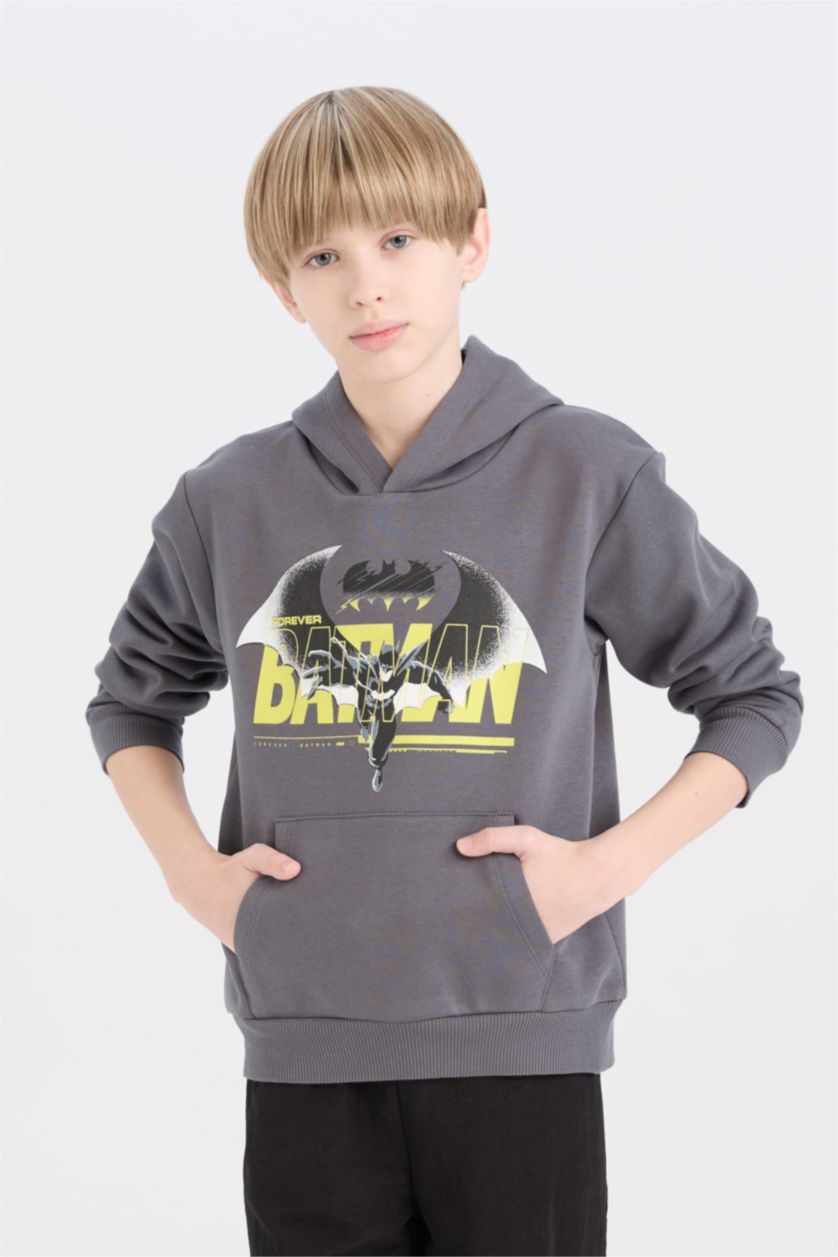 Erkek Çocuk - Genç Erkek Antrasit Batman Kapüşonlu Kanguru Cepli Sweatshirt Erkek Çocuk