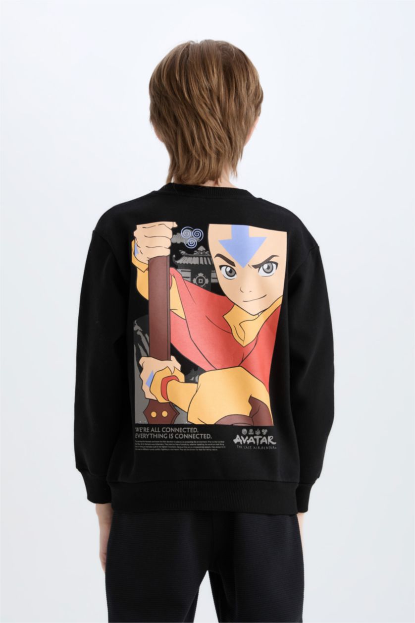Erkek Çocuk - Genç Erkek Siyah Avatar the Last Airbender Bisiklet Yaka İçi Yumuşak Tüylü Sırt Baskılı Sweatshirt Erkek Çocuk
