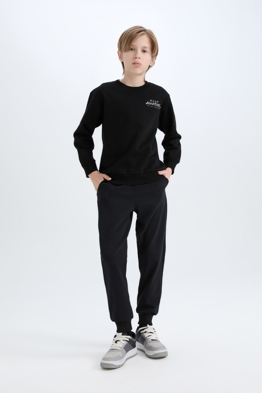 Erkek Çocuk - Genç Erkek Siyah Avatar the Last Airbender Bisiklet Yaka İçi Yumuşak Tüylü Sırt Baskılı Sweatshirt Erkek Çocuk