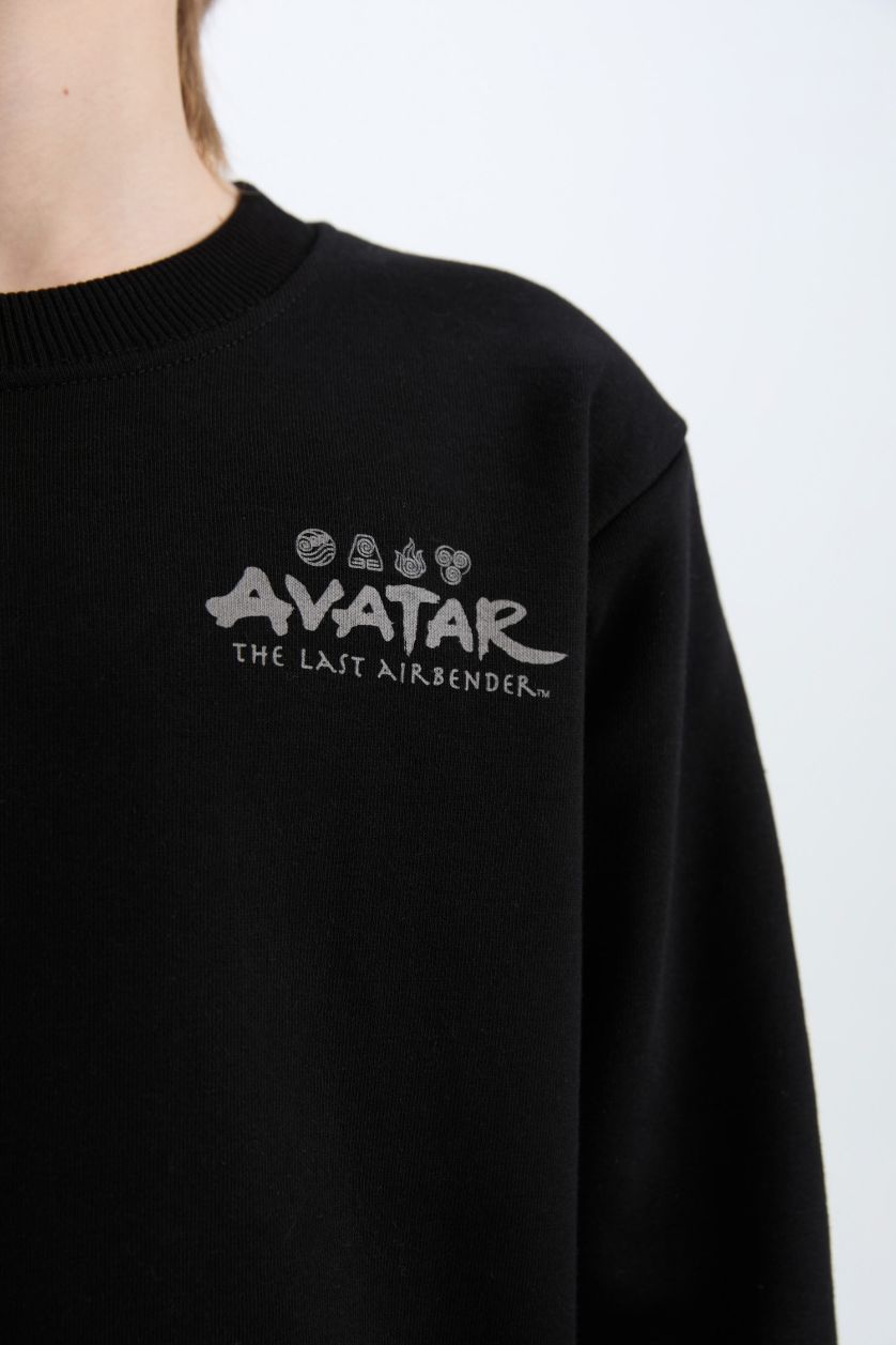 Erkek Çocuk - Genç Erkek Siyah Avatar the Last Airbender Bisiklet Yaka İçi Yumuşak Tüylü Sırt Baskılı Sweatshirt Erkek Çocuk