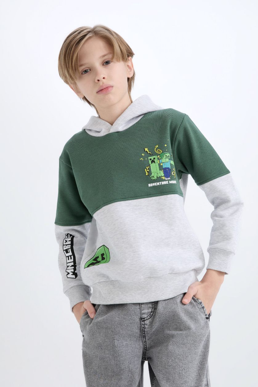Erkek Çocuk - Genç Erkek Optik Gri Melanj Minecraft Kapüşonlu Sweatshirt Erkek Çocuk