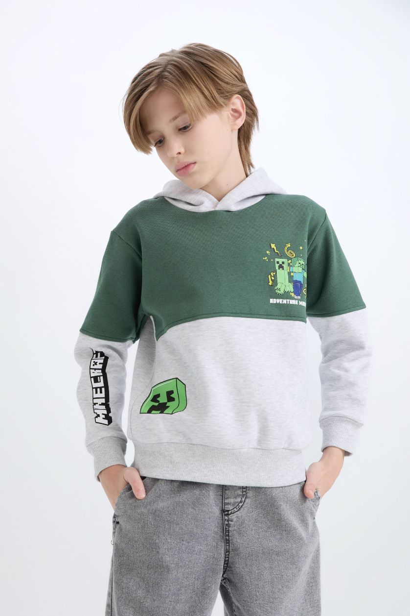 Erkek Çocuk - Genç Erkek Optik Gri Melanj Minecraft Kapüşonlu Sweatshirt Erkek Çocuk