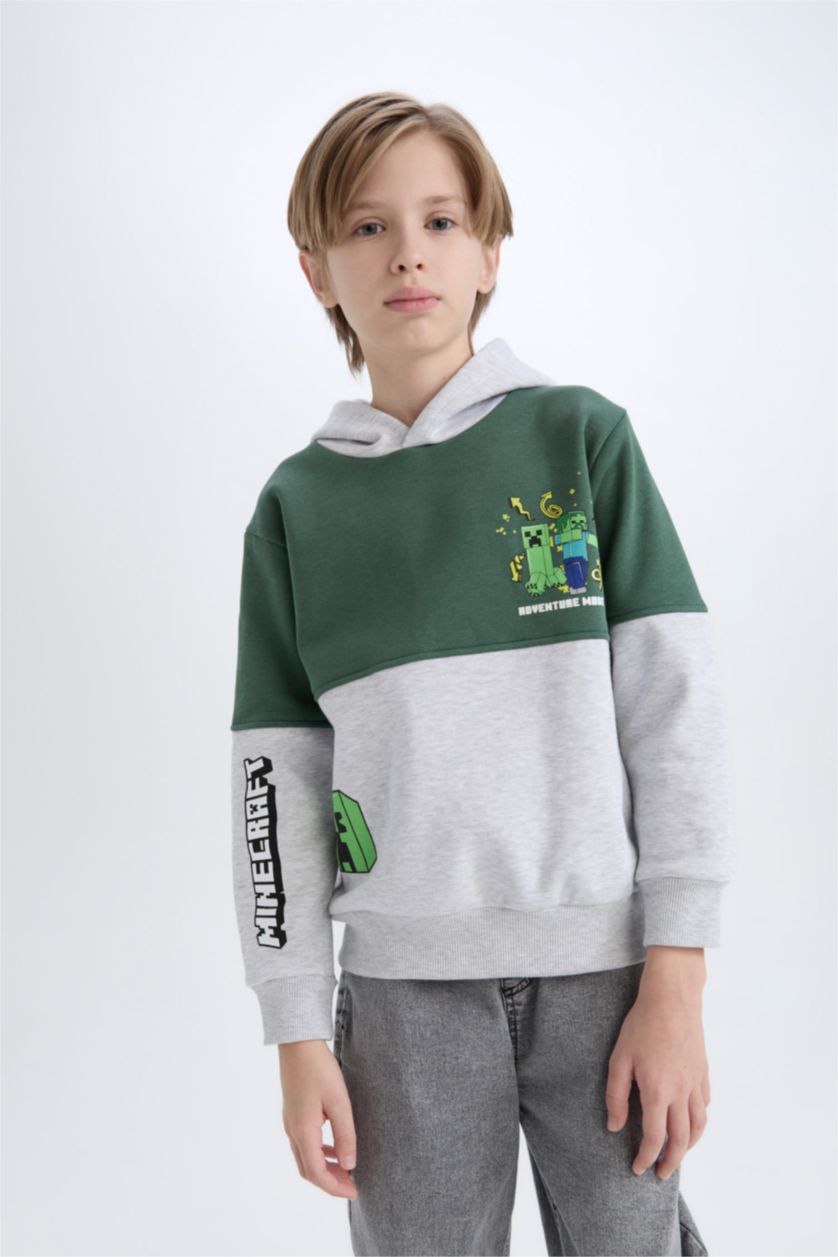 Erkek Çocuk - Genç Erkek Optik Gri Melanj Minecraft Kapüşonlu Sweatshirt Erkek Çocuk