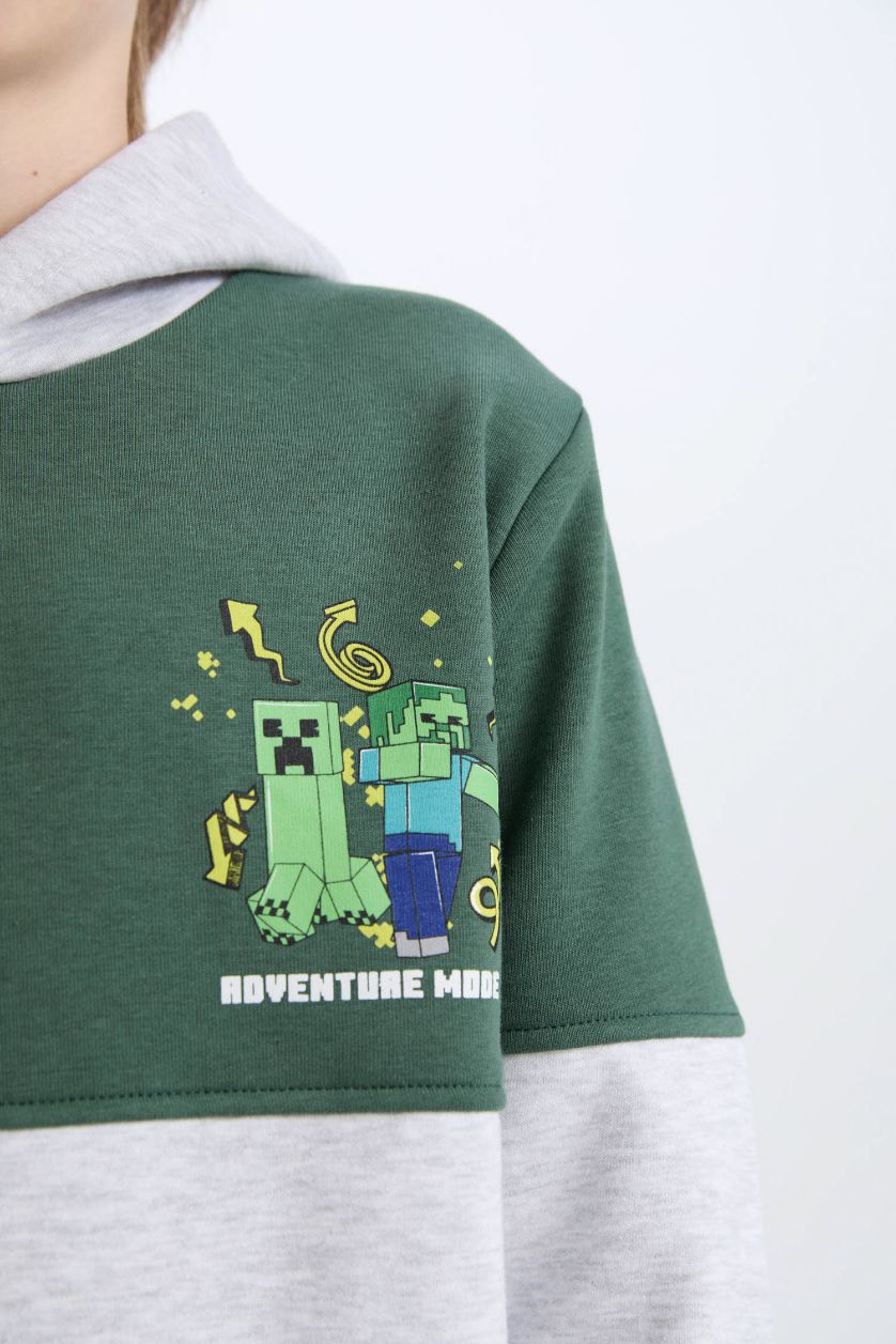 Erkek Çocuk - Genç Erkek Optik Gri Melanj Minecraft Kapüşonlu Sweatshirt Erkek Çocuk
