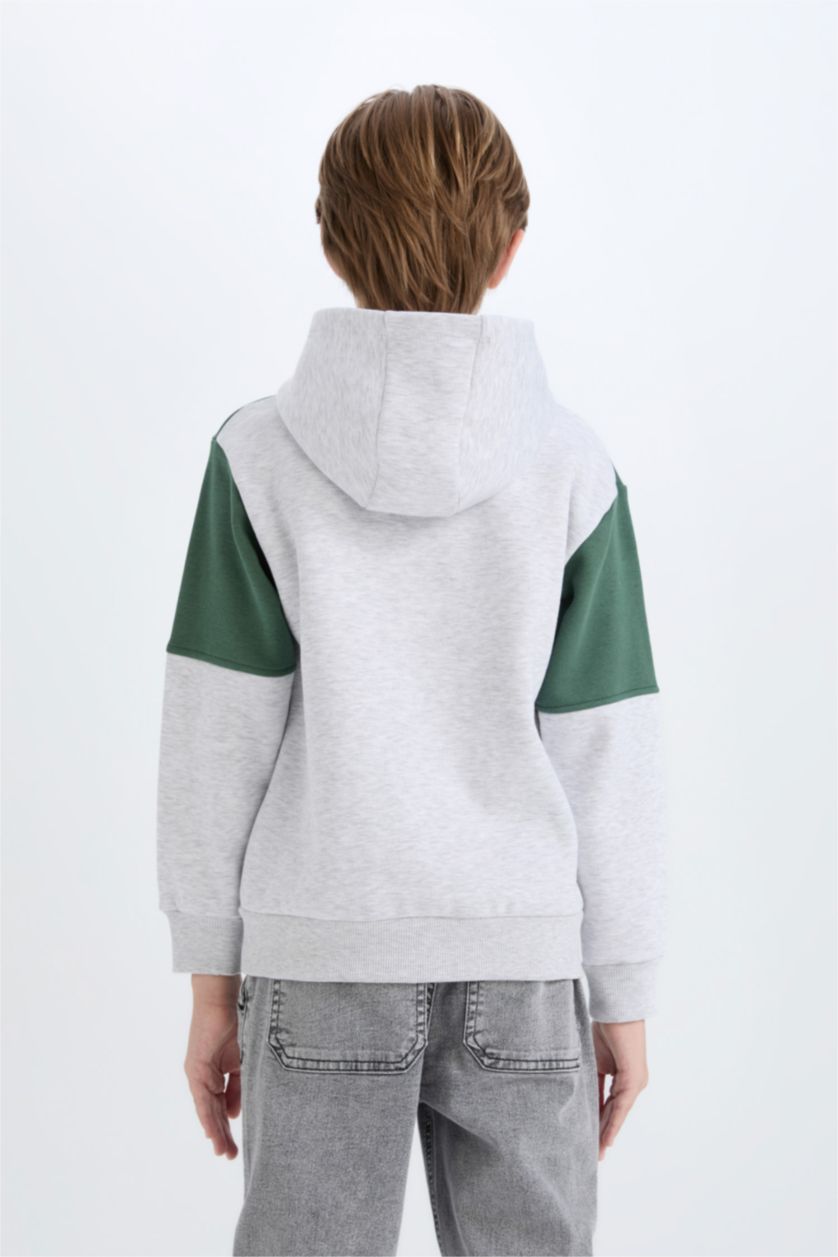 Erkek Çocuk - Genç Erkek Optik Gri Melanj Minecraft Kapüşonlu Sweatshirt Erkek Çocuk