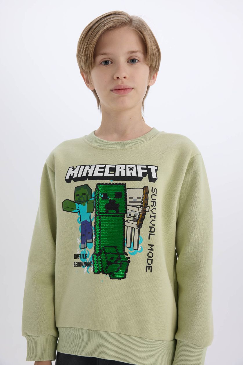 Erkek Çocuk - Genç Erkek Açık Yeşil Minecraft Bisiklet Yaka Sweatshirt Erkek Çocuk