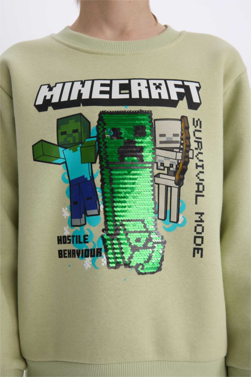 Erkek Çocuk - Genç Erkek Açık Yeşil Minecraft Bisiklet Yaka Sweatshirt Erkek Çocuk