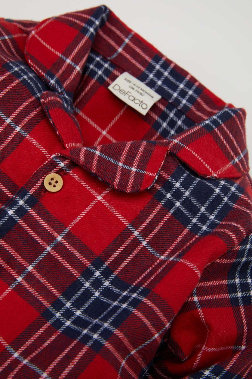 Erkek Bebek Lacivert Erkek Bebek Yılbaşı Temalı 3'lü Takım Kareli Uzun Kollu Gömlek Pantolon Askısı Pantolon