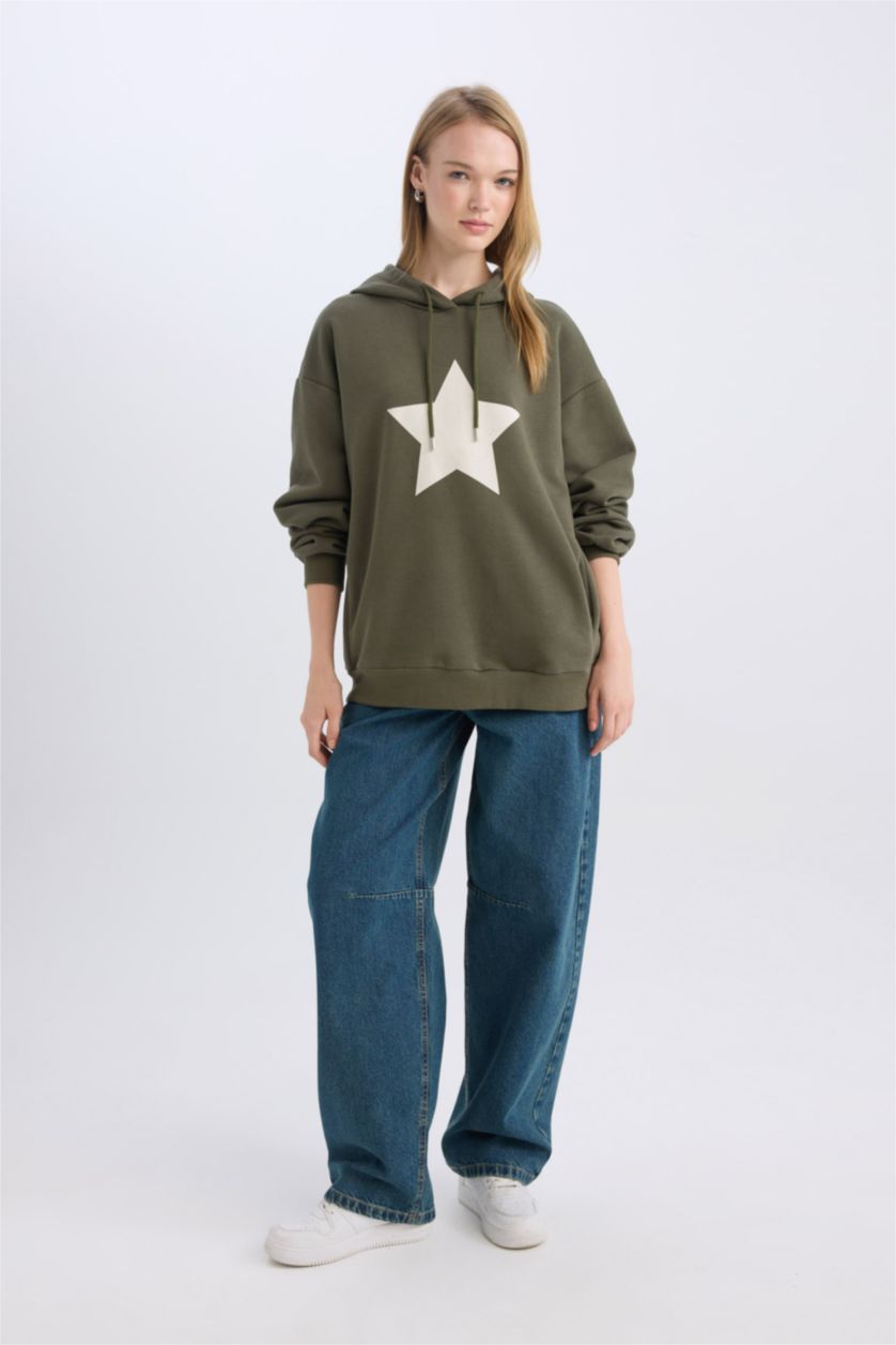 FEMME Kaki Sweat à capuche oversize avec un imprimé dans le dos