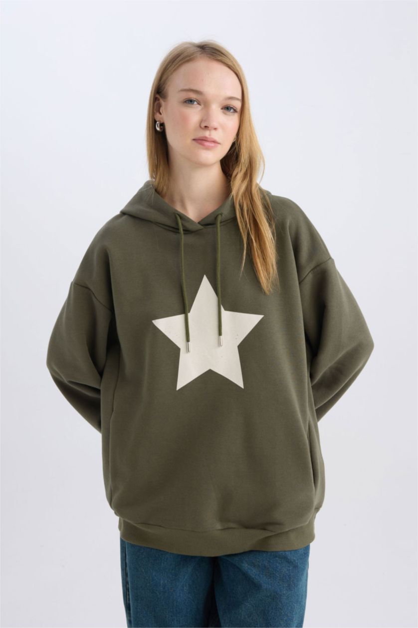 FEMME Kaki Sweat à capuche oversize avec un imprimé dans le dos