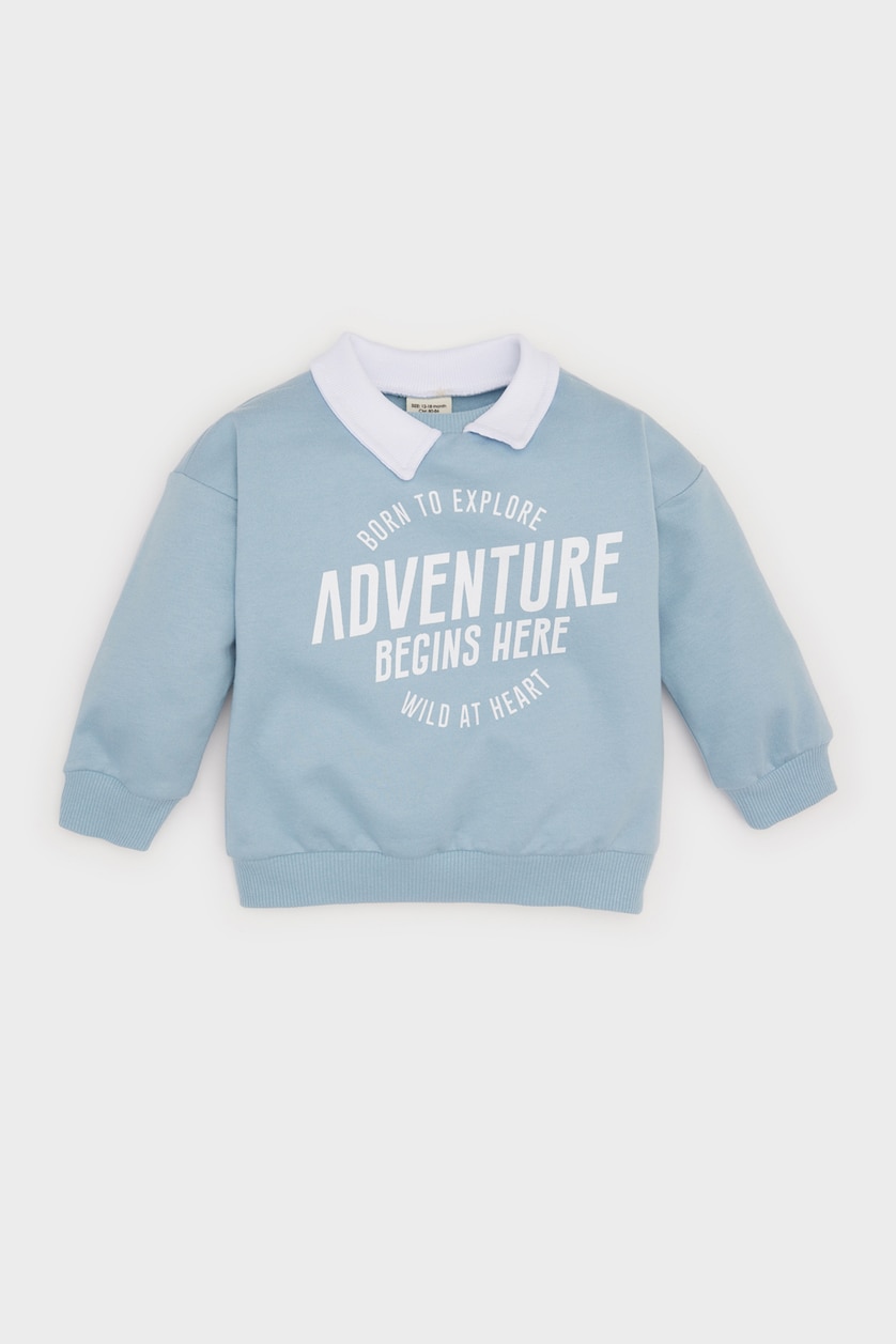 Erkek Bebek Mavi Erkek Bebek Gömlek Yaka Baskılı İçi Yumuşak Tüylü Sweatshirt