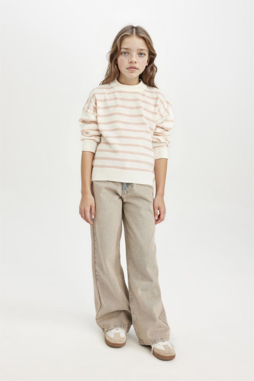 Kız Çocuk - Genç Kız Açık Pembe Bisiklet Yaka Çizgili Triko Kazak Kız Çocuk