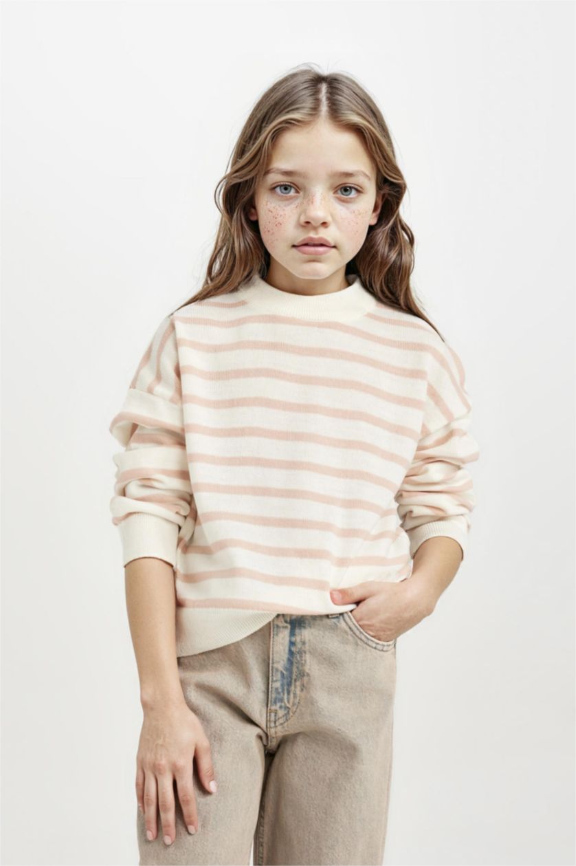 Kız Çocuk - Genç Kız Açık Pembe Bisiklet Yaka Çizgili Triko Kazak Kız Çocuk