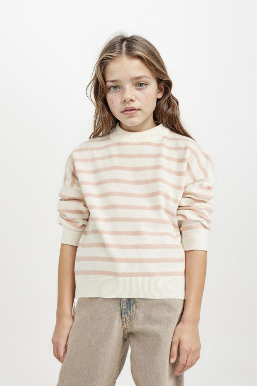 Kız Çocuk - Genç Kız Açık Pembe Bisiklet Yaka Çizgili Triko Kazak Kız Çocuk