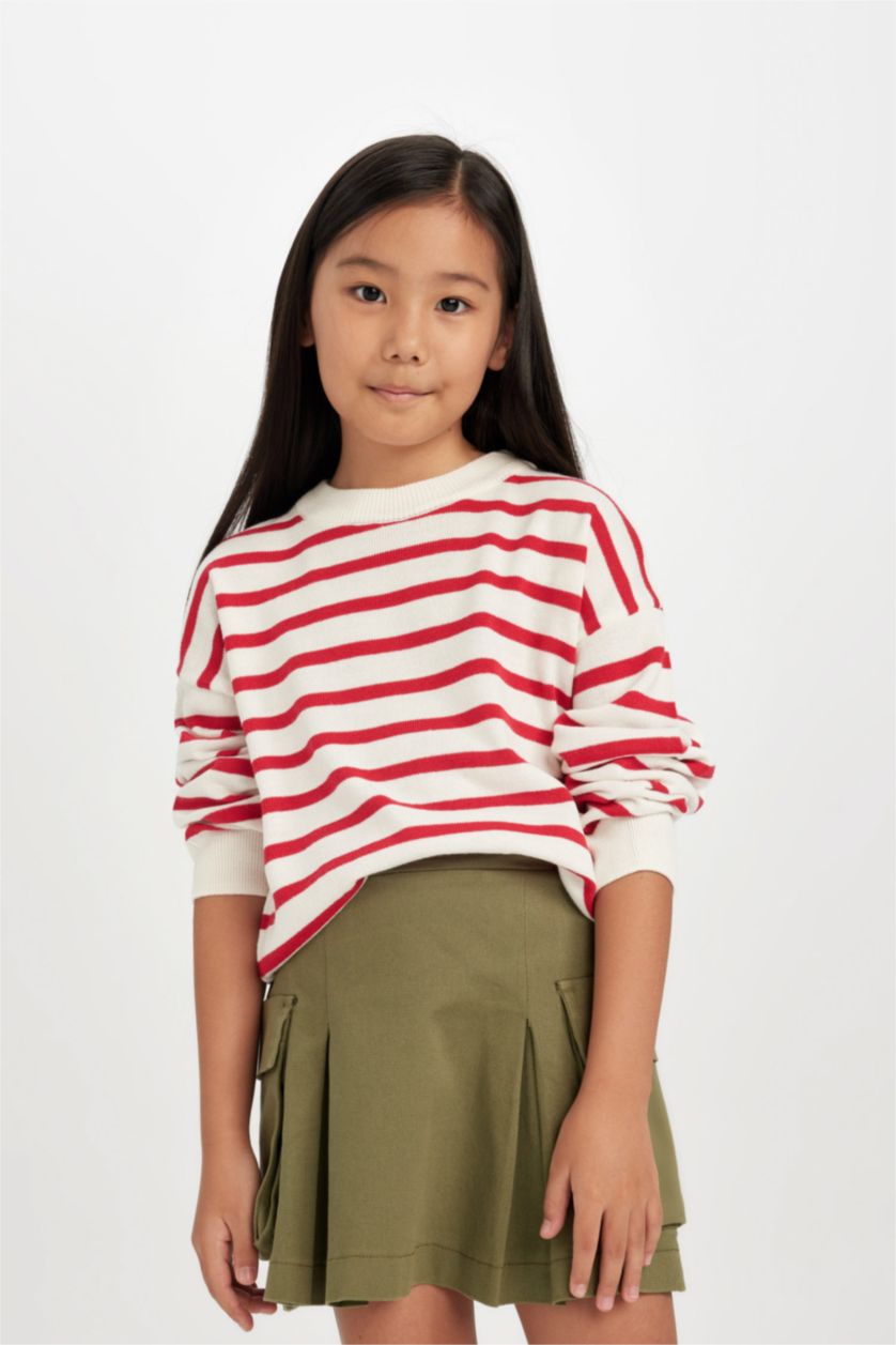 Kız Çocuk - Genç Kız Kırmızı Bisiklet Yaka Çizgili Triko Kazak Kız Çocuk