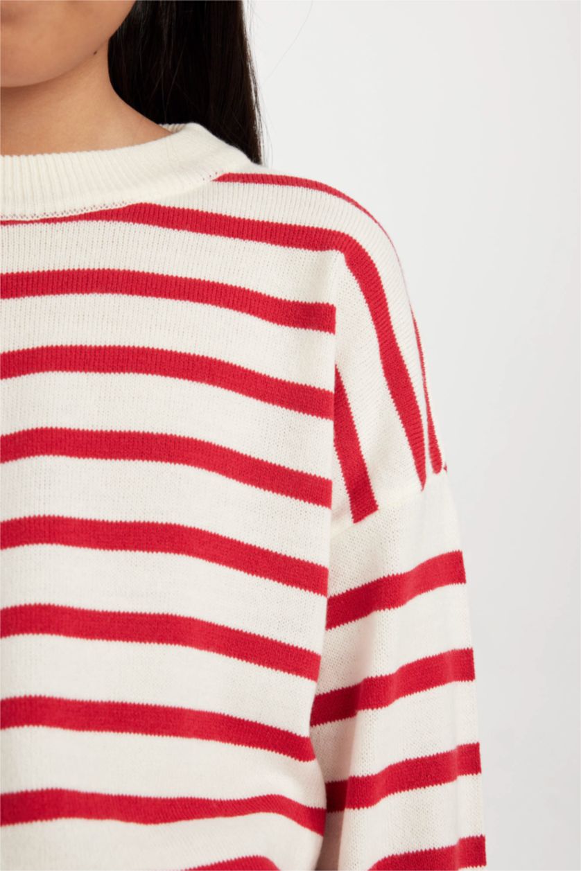 Kız Çocuk - Genç Kız Kırmızı Bisiklet Yaka Çizgili Triko Kazak Kız Çocuk