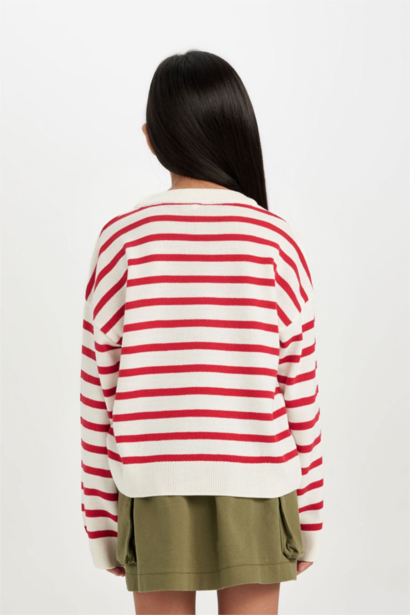 Kız Çocuk - Genç Kız Kırmızı Bisiklet Yaka Çizgili Triko Kazak Kız Çocuk