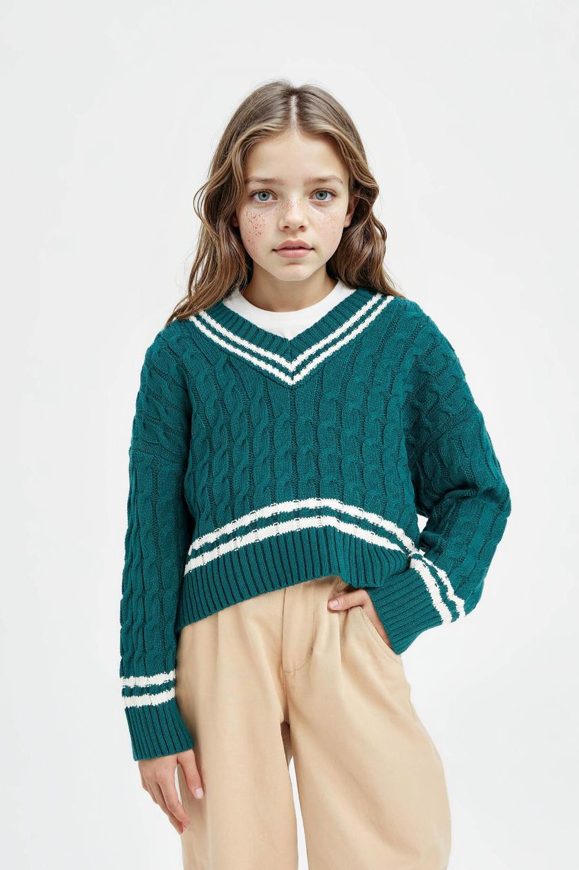 Kız Çocuk - Genç Kız Koyu Yeşil V Yaka Saç Örgülü Triko Kazak Kız Çocuk