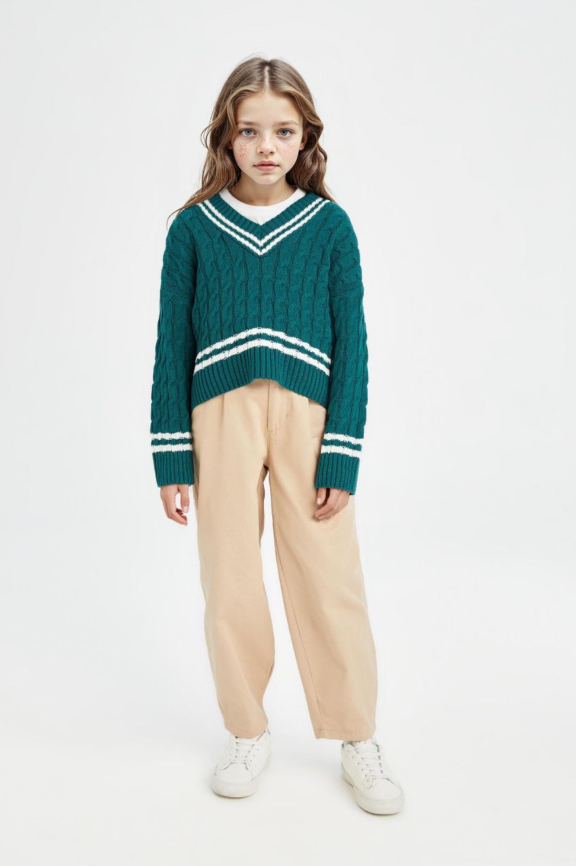 Kız Çocuk - Genç Kız Koyu Yeşil V Yaka Saç Örgülü Triko Kazak Kız Çocuk