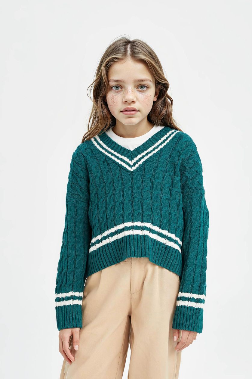 Kız Çocuk - Genç Kız Koyu Yeşil V Yaka Saç Örgülü Triko Kazak Kız Çocuk